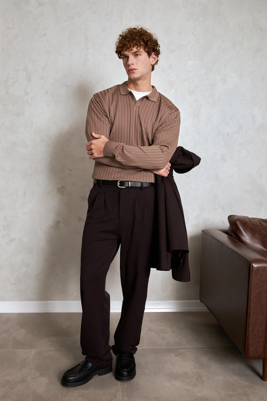 Erkek Polo Yaka Fitilli Oversize Triko Kazak Vizon