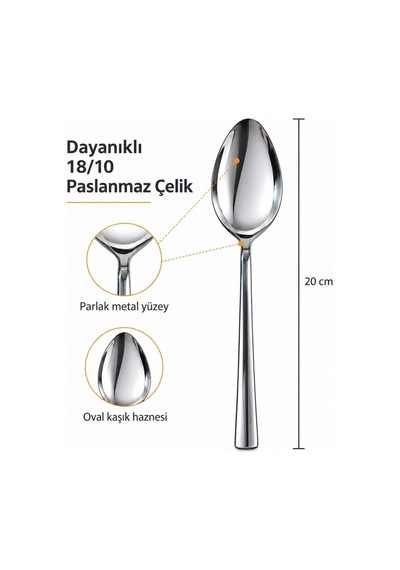 Yemek Kaşığı, 6'li Premium Kalite Paslanmaz Çelik Kaşık Set 20 Cm Diğer