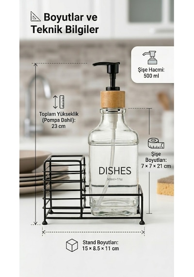 Makri Home Metal Stantlı Bambu Kapaklı Cam Sıvı Sabunluk/deterjanlık, 500 Ml, 15 8,5 23 Cm Şeffaf