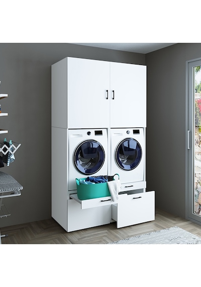 ROOMART ÇAMAŞIR-KURUTMA MAKİNESİ DOLABI + ÜST DOLABI MAT BEYAZ 24 Mat Beyaz
