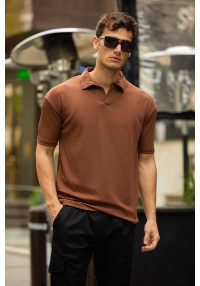 Glasses V Yaka Oversize Fitilli T-shirt - Kahve Kahve