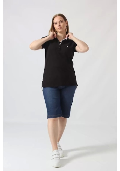 Moda Berray 21305 Kısa Kollu Büyük Beden Lakost Kumas T-shirt Siyah Siyah