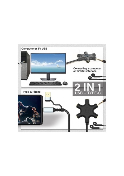 Usb A Type C Ses Kartı Ve 5 Port Kulaklık Çoklayıcı Dağıtıcı Splitter