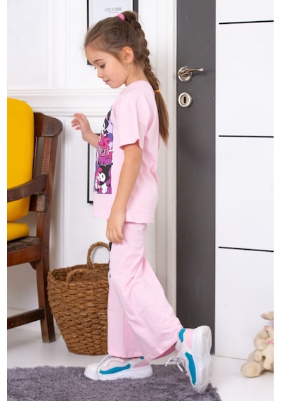 Tunays Shopping Oversize İspanyol Paça Kuromi Baskılı Kız Çocuk Takım Pembe