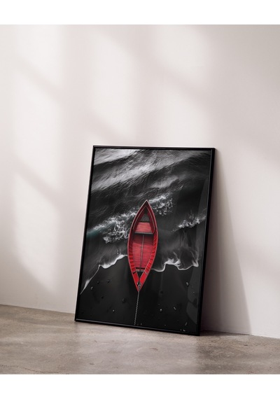 Çerçevesiz Poster, Dijital Baskı, Denizde Kırmızı Kayık , Ofis Salon Dekorasyon , Poster