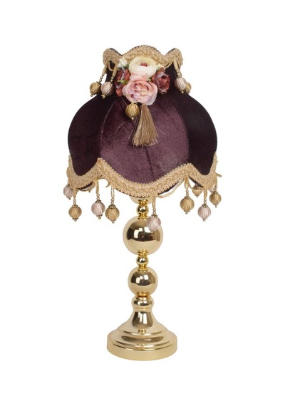 Kahverengi Kadife Başlıklı Nilin Çiçeği Süslemeli Gold Metal Ayaklı Vintage Model Abajur 60x30cm