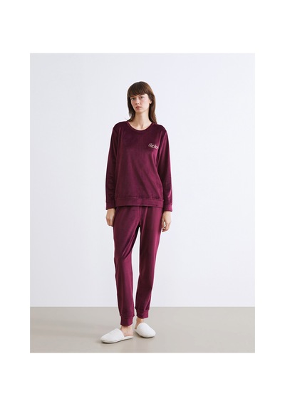 Lcw Dream Mürdüm Bisiklet Yaka Nakışlı Kadife Kadın Pijama Takımı