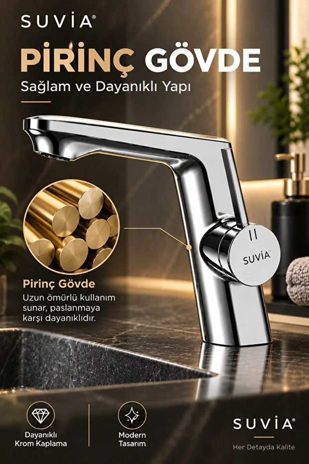 Lavabo Bataryası Pirinç Gövde Krom Kaplama Banyo Musluğu Modern Tasarım Sıcak Soğuk Su