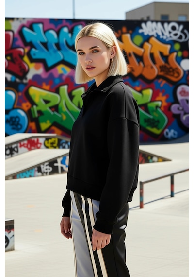 Benerly Kadın Polo Yaka Düşük Kol Regular Kalıp Örme Sweatshirt Fonksiyon siyah