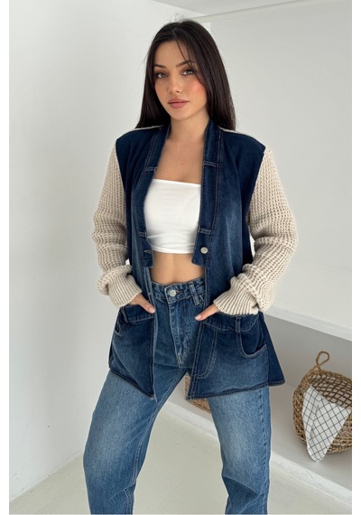 Femelle Bej Kolları Ve Sırtı Triko Kot Denim Oversize Hırka Cepli Standart Beden