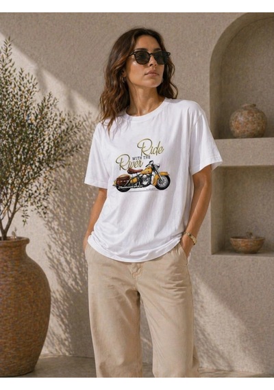 Wear Vexel Kadın Motosiklet Baskılı Tişört Bisiklet Yaka Kısa Kol Yazlık T-shirt - Beyaz Beyaz