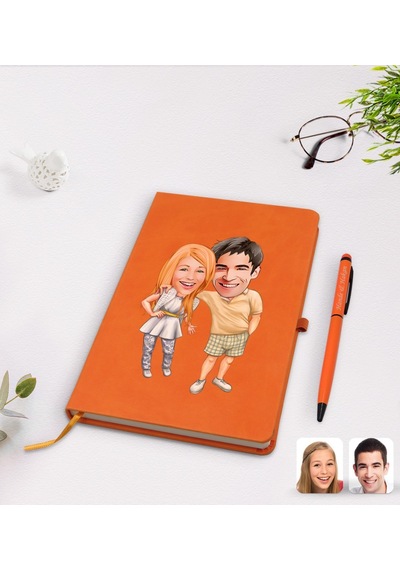 Kişiye Özel Sevgililer Karikatürlü Turuncu Termo Deri Defter Kale N11.2256