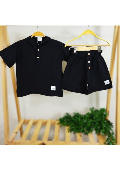 Lolliboomkids Müslin Kumaş Kanguru Cep Kapüşon Düğme Detay Şort - Tshirt Alt Üst Takım Siyah
