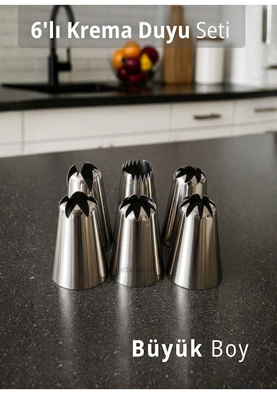 Büyük Boy 6 Lı Yıldız Uçlu Krema Duy Seti Metal Pasta, Cupcake Ve Kurabiye Krema Duyu Süsleme Ucu Metalik Gri