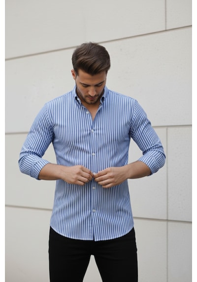 Bürke Uzun Kollu Mavi Renk Beyaz Çizgili Yarım Oversize Erkek Gömlek