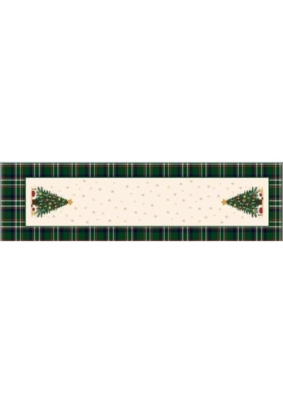 Yılbaşı Temalı Dijital Baskılı Runner Örtüsü Christmas Yeşil 40x140 Cm Açık Bej