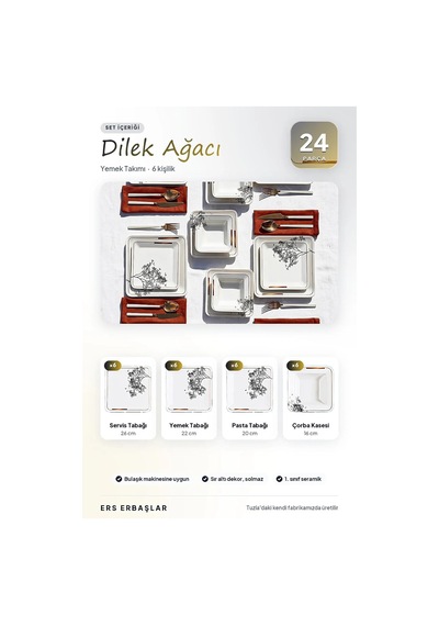 24 Parça 6 Kişilik Dilek Ağacı Kare Yemek Takımı - Lüx Yemek Takımı Diğer