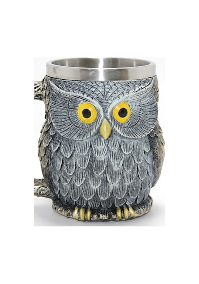 Baykuş Tasarım Kabartmalı Paslanmaz Çelik Kupa Bardak - 3d Mistik Tasarım Dekoratif Mug Kabartmalı Çok Renkli