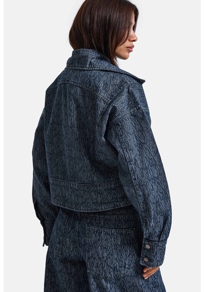 Kadın Mavi 9w6-197 Crop Kruvaze Özel Kumaş Tasarım Denim Ceket