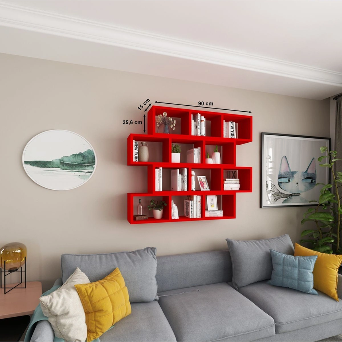 Kitaplık Modern Duvar Rafı Salon Yatay 4 Lü Takım Kırmızı Kırmızı