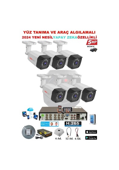 6 Kameralı Yapay Zeka Özellikli Yüz Tanıma ve Araç Algılamalı 5 Mp Kuruluma Hazır Kamera Seti