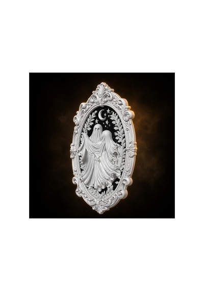 Siyah Beyaz Hayalet Kabartmalı Gotik Oval Duvar Tablosu 26x25x4 Cm