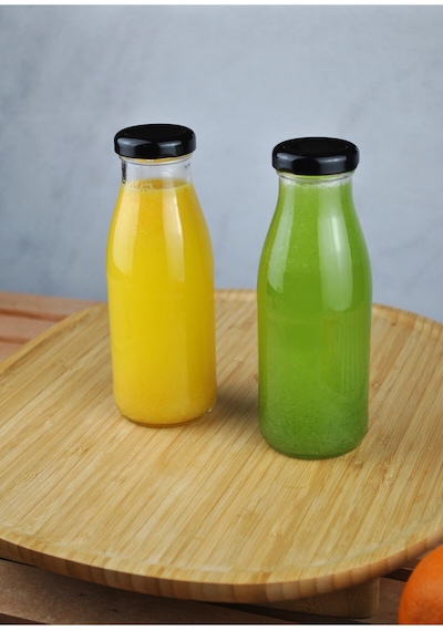 3 Adet Cam Şişe Meyve Suyu Ayran Detoks Şişesi 250 Ml Siyah Metal Kapaklı Şişe