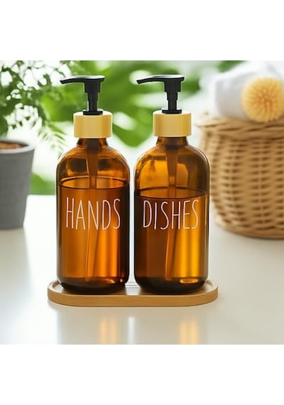Dispenser Seti 2 Li Şişe Hands Dishes Etiketli Bambu Kapaklı Sıvı Sabun Deterjan Pompası Çok Renkli