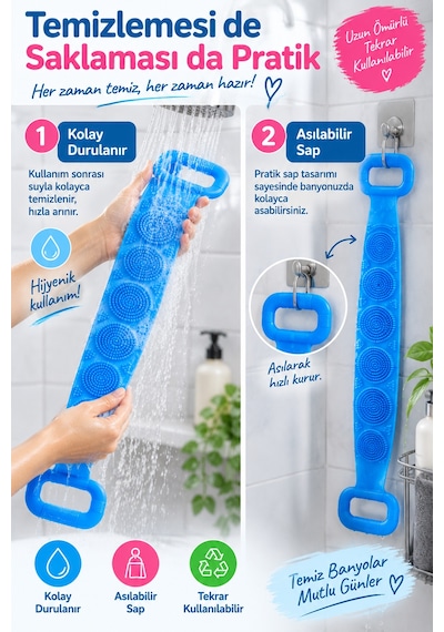 Silikon Banyo Sırt Kesesi 70cm Çift Taraflı Masaj Dokulu Uzun Saplı Vücut Temizleme Fırçası Ve Masaj