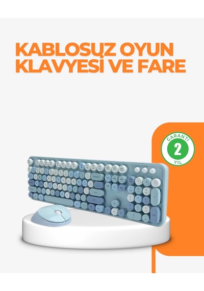 Mey İthalat Kablosuz Retro Klavye Ve Mouse Seti 104 Tuşlu Sevimli Tasarım Diğer