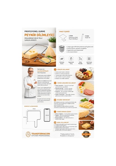 Ayrex Kitchen Professional Paslanmaz Çelik Telli Peynir Dilimleyici, 304 Kalite, 14x11.5 Cm, 2 Yedek Telli, Çok Amaçl Diğer