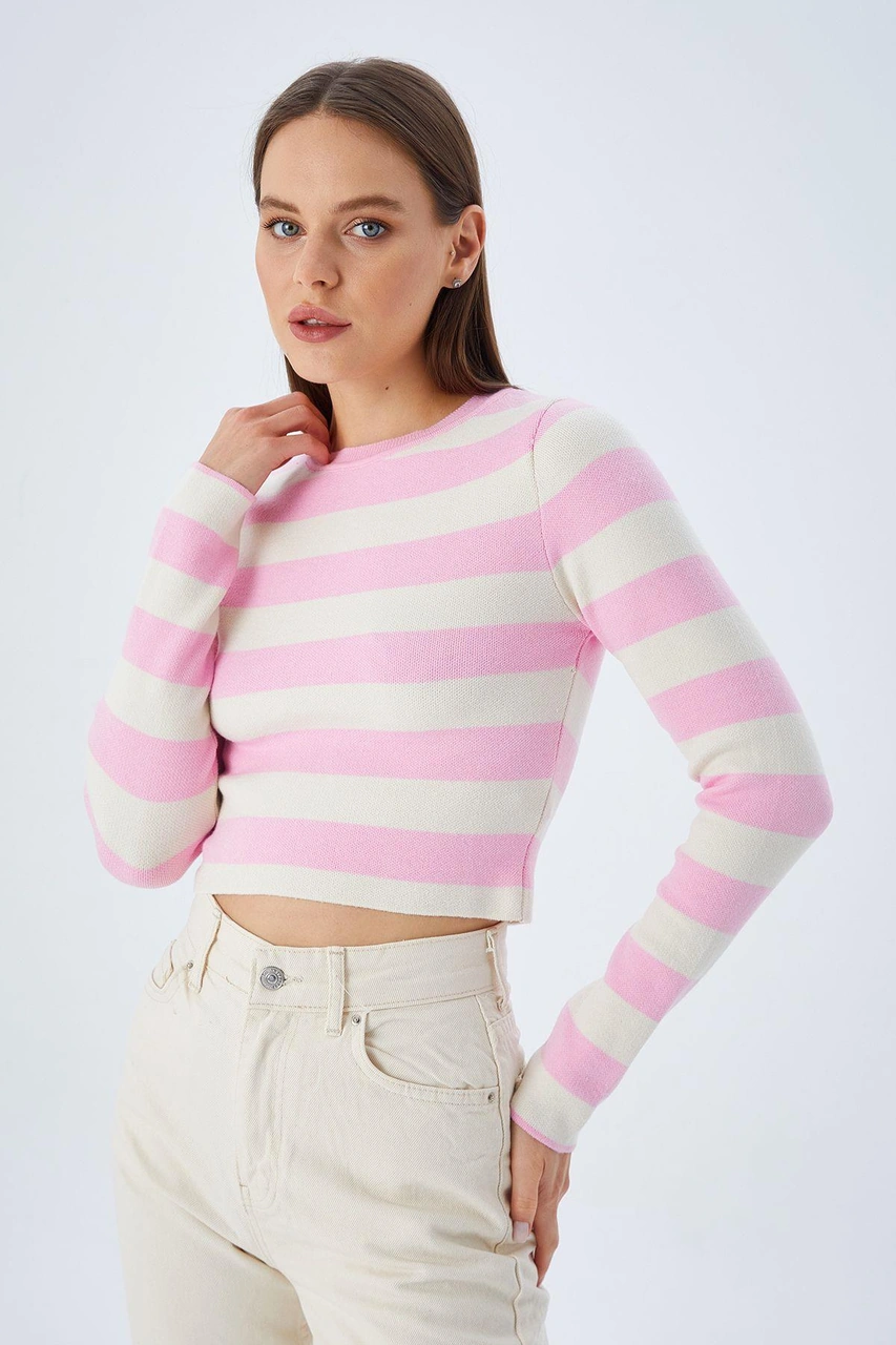 Mixray 6644 Kadın Bisiklet Yaka Çizgili Kazak Şeker Pembe Şeker Pembe