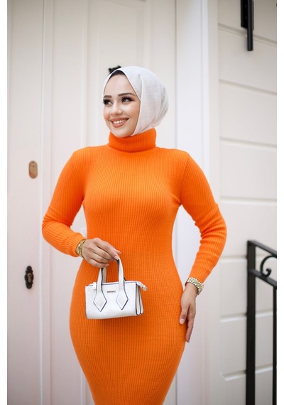 Hira Life Fashion Kadın Elbise Tesettür Giyim Balıkçı Yaka Ve Dar Kesim Triko Kalem Elbise Orange Orange Hira Life Fashion Kadın Elbise Tesettür Giyim Balıkçı Yaka Ve Dar Kesim Triko Kalem Elbise Orange Orange