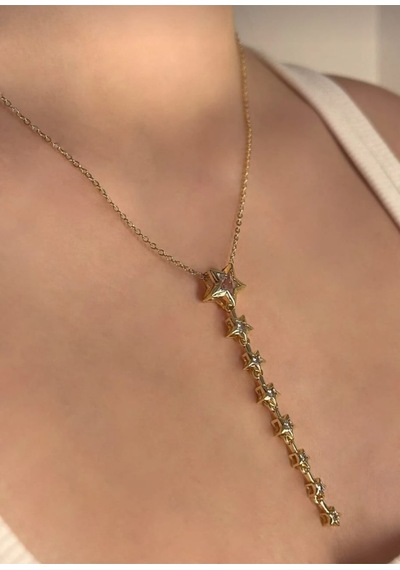 Lunarie Yıldız Detaylı Y Kolye 14k Gold Zirkon Taşlı Sarkıt Altın
