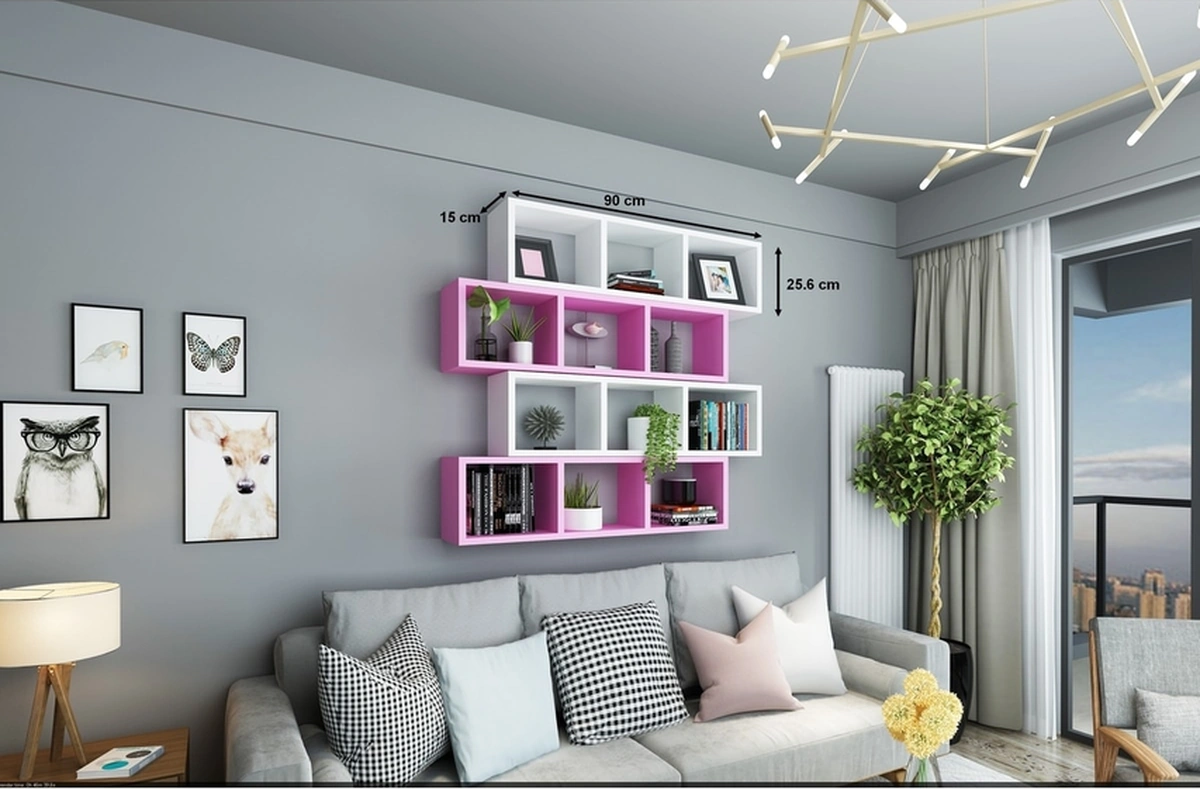 Kitaplık Lux Yatay Duvar Rafı Pembe Beyaz 4 Lü Takım Pembe Beyaz
