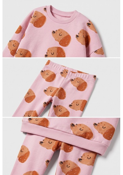 Magu Kız Çocuk Pamuklu Köpek Desenli Pembe Sweatshirt Ve Tayt Takımı