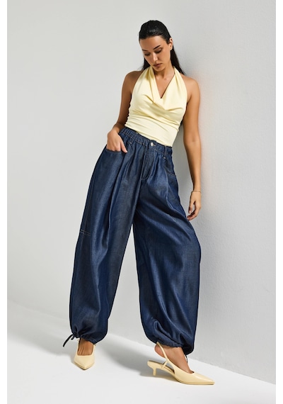 Itsbasic Kadın İndigo 7s6-50 Süper Ballon Fit Bol Kesim Paça Detaylı Tasarım Denim Jean