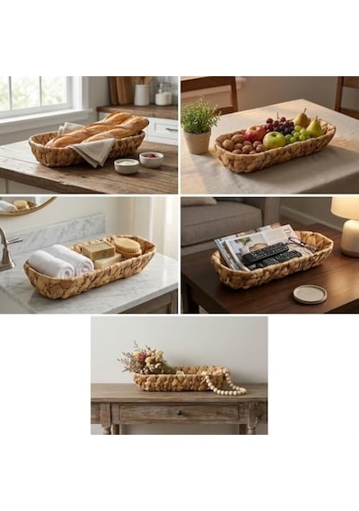 Hasır Oval Ekmek Sepeti Ve Çok Amaçlı Düzenleyici, 28x6 Cm Doğal Örme Sunum Tabağı, İnce Uzun Baget Ekmeklik, Genel