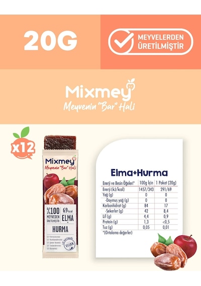 Mixmey Hurma Meyve Barı 12 Adet | Atıştırmalıklar – Vegan, Glutensiz, Koruyucusuz (20GR X 12 ADET)