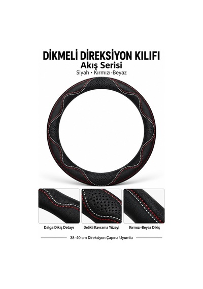 Trobus Ford Transit Connect 2002-2013 Uyumlu Dikmeli Direksiyon Kılıfı Akış Siyah Kırmızı-beyaz Siyah - Kırmızı-beyaz