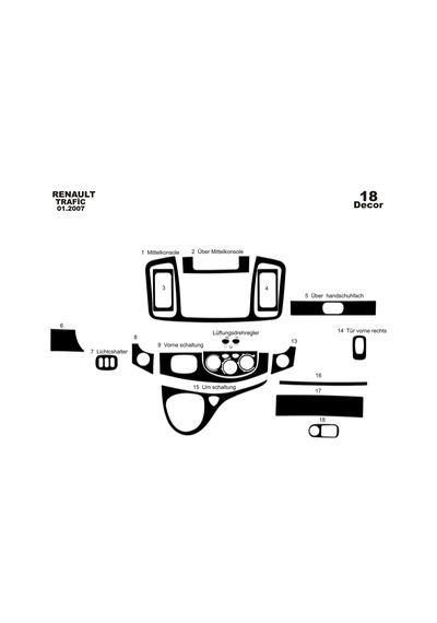 Renault Trafic Opel Vivaro Torpido Kaplama 2007-2010 18 Parça Piano Black