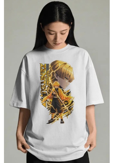 Unisex Oversize Zenitsu Agatsuma Demon Slayer Anime Karakter Ön B Beyaz