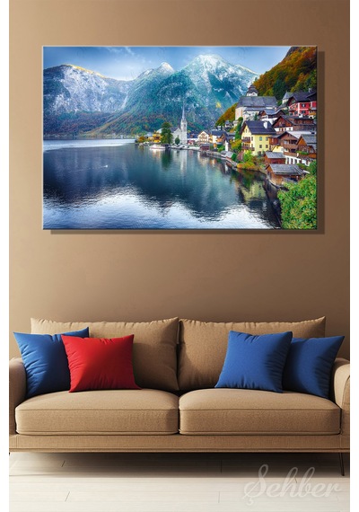 Kanvas Tablo Avusturya Hallstatt Kasabası Manzarası Yatay Salon Tablosu - 4901 Çok Renkli