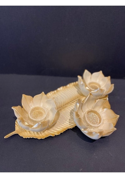 Dekoratif Polyester Üçlü Mumluk Krem-gold Eskitme