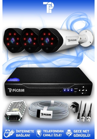 Picam 3 Kameralı Uzay 3 Dış Kamera Set HDD'siz Full HD Gece Görüşlü Güvenlik Kamerası Sistemi