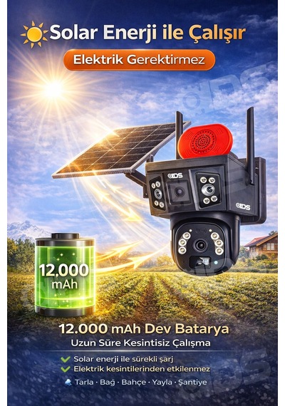 3 Görüntü 2 Lens 9mp 360 4g Güneş Enerjili Solar Kamera - Dual Led Gece Renkli 128gb Sd Kart Dahil