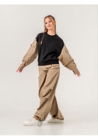 Kız Çocuk Gabardin Kol 2 İplik Sweatshirt-15170 Siyah