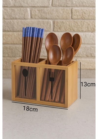 Bambu Ikili Kaşıklık Kutusu, Bambu Çatal Kaşıklık 13cm Bambu