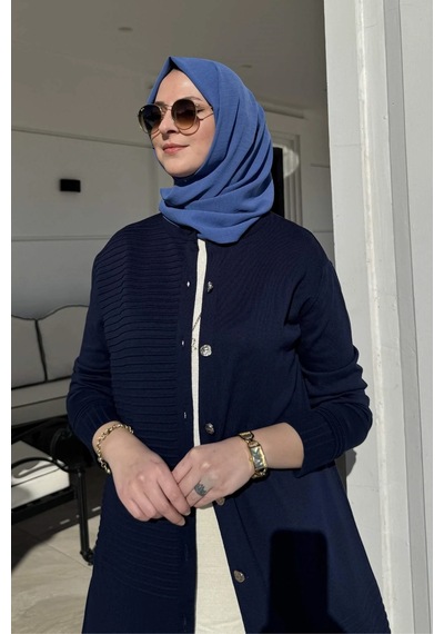 Rabia Şamlı Manolya Lacivert Triko Hırka Normal