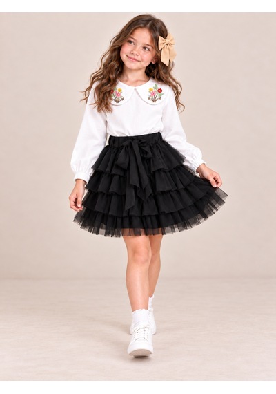 Kokoş Bebe Çiçek Yakalı Bluz Tüllü Etek Tokalı Kız Çocuk Takım - 5/12 Yaş - 31929 Siyah